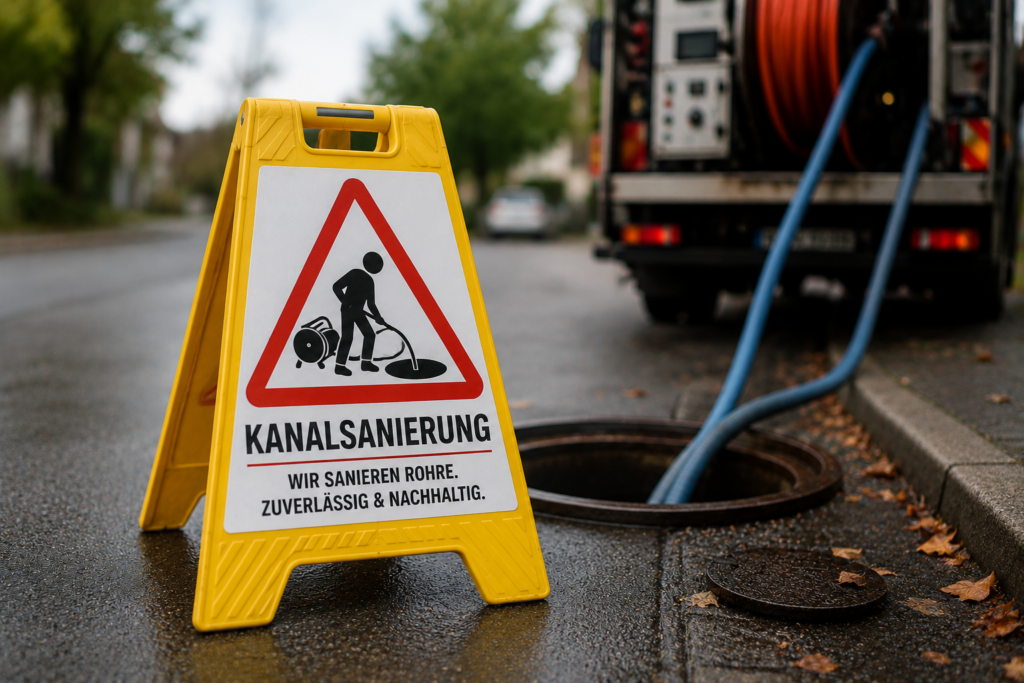 Kanalsanierung Absicherung einer Kanalsanierung mit geöffneter Schachtanlage und Spezialfahrzeug für die fachgerechte Sanierung von Kanalleitungen.