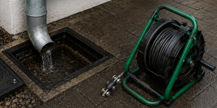 Regenwasserleitung Revisionsschacht einer Regenwasserleitung mit einlaufendem Fallrohr und professioneller Ausrüstung zur Reinigung und Wartung von Entwässerungsleitungen.