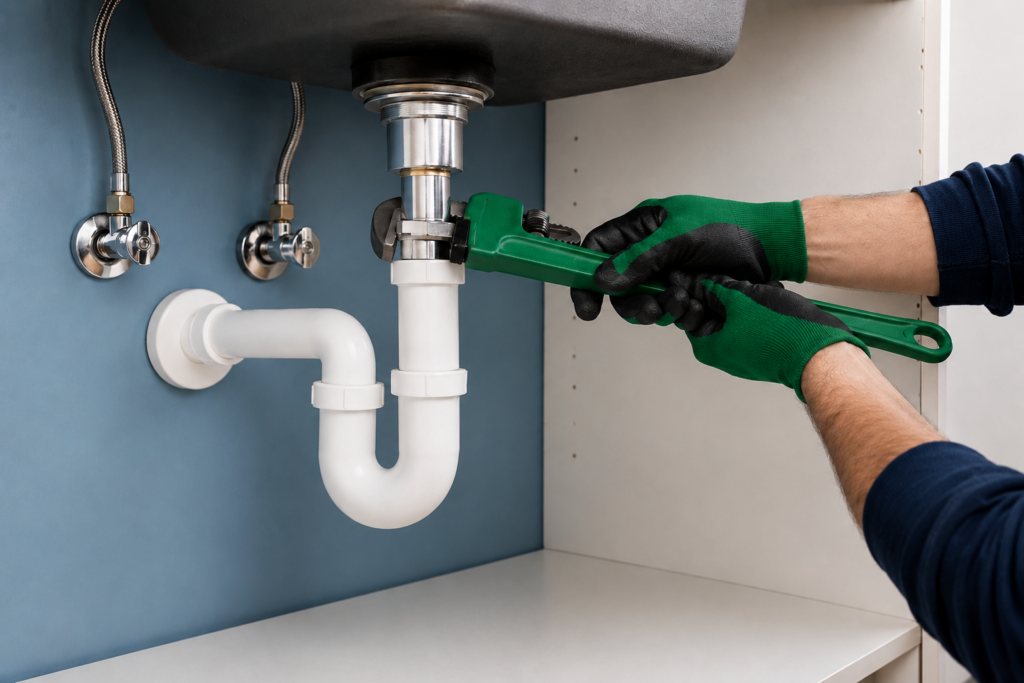 Rohrreinigung Fachgerechte Rohrreinigung am Siphon unter einem Waschbecken zur schnellen Beseitigung einer Verstopfung.